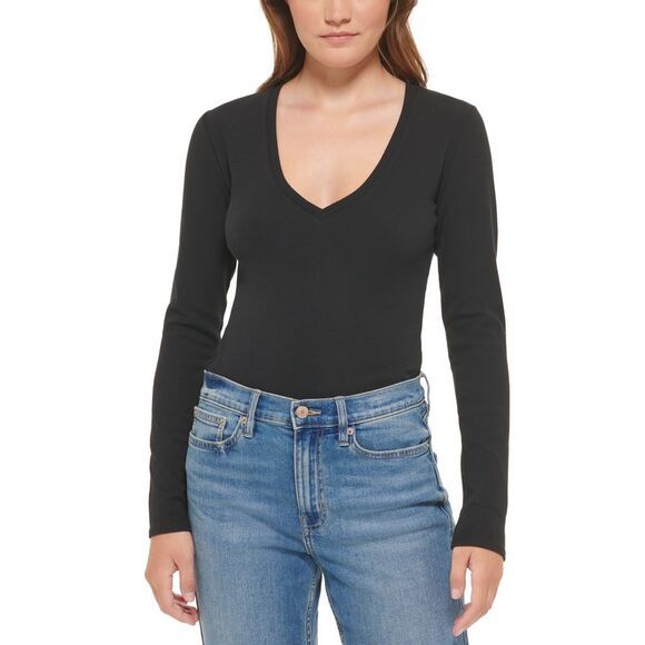 Petite Long-Sleeve Deep V-Neck Bodysuit Black PS - Picture 1 of 1
